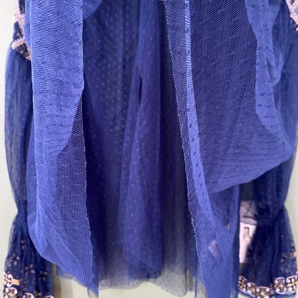 NWT women Sz XS/S oversized rare navy blue sheer glam chic embroidered blouse - Picture 8 of 12